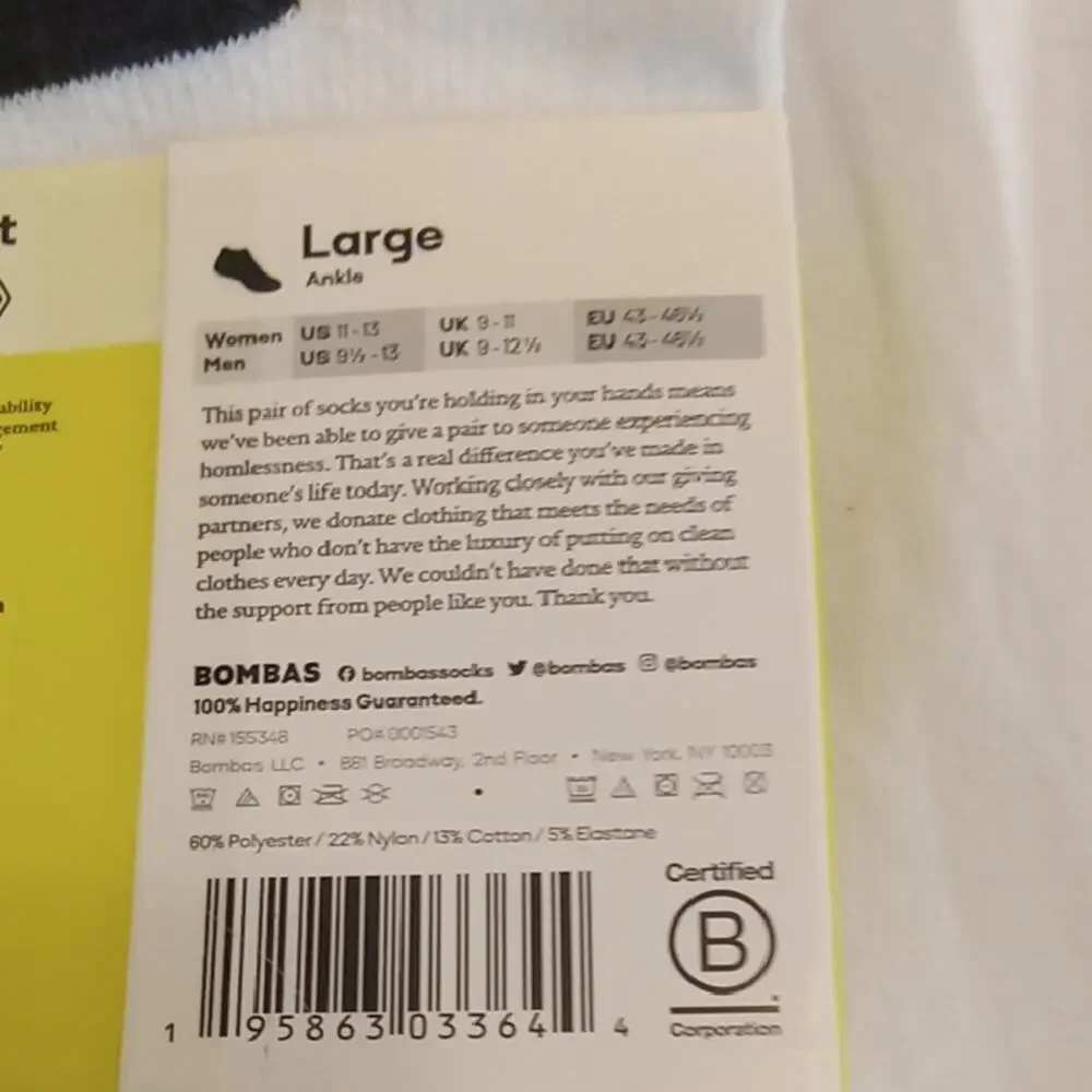 NWT Bombas Women/ Men's Large Black and White Athletic Socks